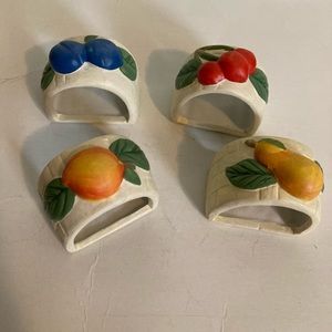 Vintage Set of Fruit Napkin Rings Country Orchard Peach Pear Cherries Plums